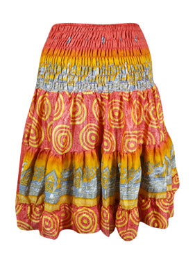 Womens Summer Ruched Elastic Skirt, Red  Beach Hippy Recycle Silk Skirts S/M