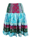 Womens Summer Ruched Elastic Skirt, Blue Beach Hippy Recycle Silk Skirts S/M