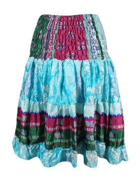 Womens Summer Ruched Elastic Skirt, Blue Beach Hippy Recycle Silk Skirts S/M