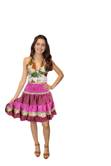  Pink Bohemian Recycled Silk Skirt – Women's Ruched Elastic Summer Style S/M