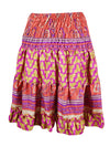 Womens Summer Ruched Elastic Skirt, Pink Beach Hippy Recycle Silk Skirts S/M