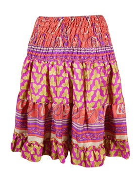 Womens Summer Ruched Elastic Skirt, Pink Beach Hippy Recycle Silk Skirts S/M