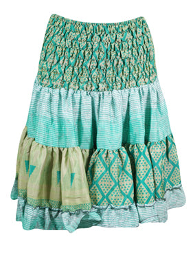 Boho Style Summer Ruched Elastic Skirt, Sea Green Beach Hippy Recycle Silk Skirts S/M
