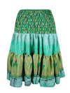 Boho Style Summer Ruched Elastic Skirt, Sea Green Beach Hippy Recycle Silk Skirts S/M