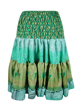 Boho Style Summer Ruched Elastic Skirt, Sea Green Beach Hippy Recycle Silk Skirts S/M