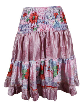 Boho Style Summer Ruched Elastic Skirt, Purple  Beach Hippy Recycle Silk Skirts S/M