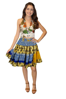  Yellow Boho Ruched Skirt – Recycled Silk Mini for Beach & Festival Vibes S/M
