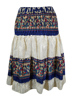 Womens Summer Ruched Elastic Skirt, White Beach Hippy Recycle Silk Skirts S/M