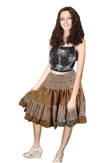  Women's Boho Brown Ruched Skirt – Recycled Silk Mini for Beach & Festival Days  S/M