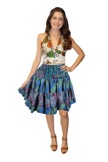  Women's Boho Ruched Mini Skirt – True Blue Recycled Silk for Beach & Festival Vibes S/M