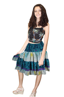  Women's Recycled Silk Boho Skirt – Blue Ruched Beach Skirt with Elastic Waist  S/M