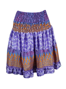  Boho Style Summer Ruched Elastic Skirt, Purple Beach Hippy Recycle Silk Skirts S/M