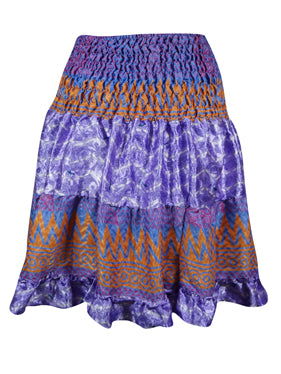 Boho Style Summer Ruched Elastic Skirt, Purple Beach Hippy Recycle Silk Skirts S/M