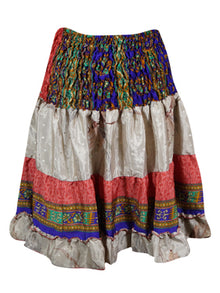  Boho Style Summer Ruched Elastic Skirt, Red Beach Hippy Recycle Silk Skirts S/M