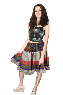  Red Boho Recycled Silk Skirt – Summer Ruched Hippy Beach Skirt with Elastic Waist S/M