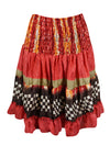 Boho Style Summer Ruched Elastic Skirt, Red Beach Hippy Recycle Silk Skirts S/M