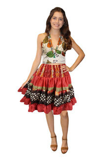 Boho Summer Skirt in Red – Ruched Recycled Silk Hippy Beach Skirt with Elastic Waist S/M