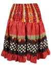 Boho Style Summer Ruched Elastic Skirt, Red Beach Hippy Recycle Silk Skirts S/M