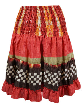 Boho Style Summer Ruched Elastic Skirt, Red Beach Hippy Recycle Silk Skirts S/M