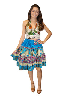  Blue Floral Ruched Skirt – Trendy Summer Beach Skirt with Elastic Waist S/M