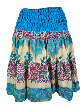 Womens Summer Ruched Elastic Skirt, Blue Floral Beach Trendy Skirts S/M