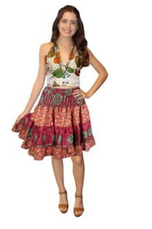  Red Floral Boho Skirt – Trendy Summer Ruched Skirt with Elastic Waist S/M