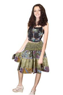  Moss Green Boho Skirt – Recycled Silk Summer Skirt with Ruched Elastic Waist S/M