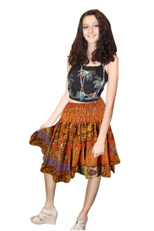  Boho Orange Floral Recycled Silk Skirt, Ruched Elastic Summer Beach Skirt  S/M