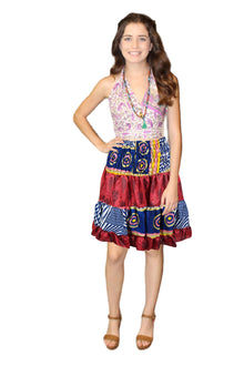  Boho Red Blue Recycled Silk Skirt, Ruched Elastic Summer Beach Skirt S/M