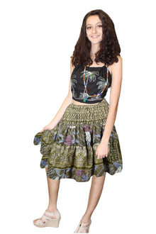  Boho Moss Green Recycled Silk Skirt, Ruched Elastic Summer Beach Skirt S/M