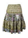 Boho Style Summer Ruched Elastic Skirt, Moss Green Beach Hippy Recycle Silk Skirts S/M