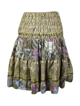 Boho Style Summer Ruched Elastic Skirt, Moss Green Beach Hippy Recycle Silk Skirts S/M