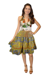  Boho Yellow Recycled Silk Skirt, Ruched Elastic Summer Beach Skirt S/M