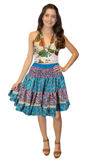  Boho Blue Floral Recycled Silk Skirt, Ruched Elastic Summer Beach Skirt  S/M