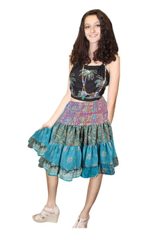  Women's Blue Floral Print Tiered Mini Skirt Vacation Bohemian Elastic Skirt  S/M