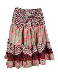  Summer Ruched Elastic Skirt, Red Beach Hippy Recycle Silk Skirts S/M