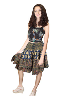  Women's High Waist Ruched Blue Mini Skirt Cute Elastic Casual Boho Floral Short Skirt S/M