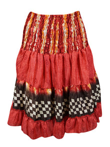  Summer Ruched Elastic Skirt, Red Beach Hippy Recycle Silk Skirts S/M