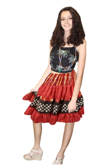  Women's Floral Red Print Smocked Waist Mini Skirt Elastic Bohemian Skirt S/M