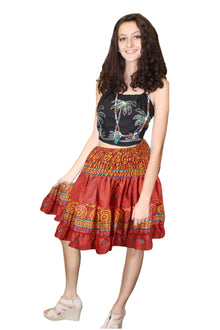  Women's Dark Red Print Tiered Elastic Waist Skirt Ruched Mini Bohemian Skirt S/M