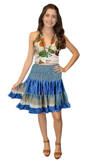  Women's Blue Floral Print Tiered Smocked Skirts High Waisted Summer Boho Skirt  S/M