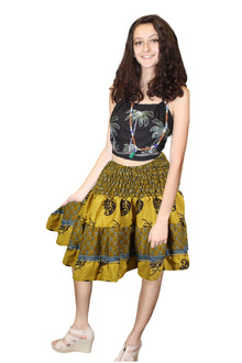  Women's Yellow Ruched Summer Skirt – Recycled Silk Beach Boho Elastic Waist Skirt S/M