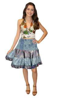  Womens Summer Ruched Iceberg Blue Beach High Waist Elastic Skirts S/M