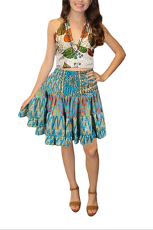  Teal Summer Ruched Skirt, Beach Recycle Silk Skirts S/M
