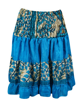 Womens Summer Ruched Elastic Skirt, Blue Beach Hippy Recycle Silk Skirts S/M
