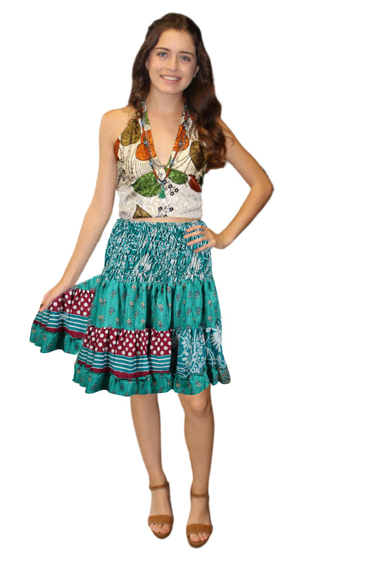 Ruched Skirt Sea Green Beach Recycle Silk Skirts S/M