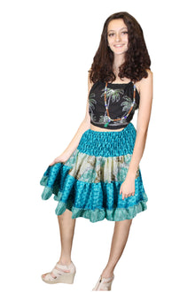  Women's Boho Summer Skirt – Recycled Silk Smocked Elastic Beachwear Skirt S/M