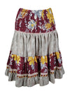 Boho Summer Ruched Elastic Red, Floral Beach Hippy Recycle Silk Skirts S/M
