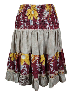 Boho Ruched Red Floral Beach Recycle Silk Skirts S/M