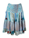 Womens Summer Ruched Elastic Sky Blue Floral Beach Hippy Recycle Silk Skirts S/M